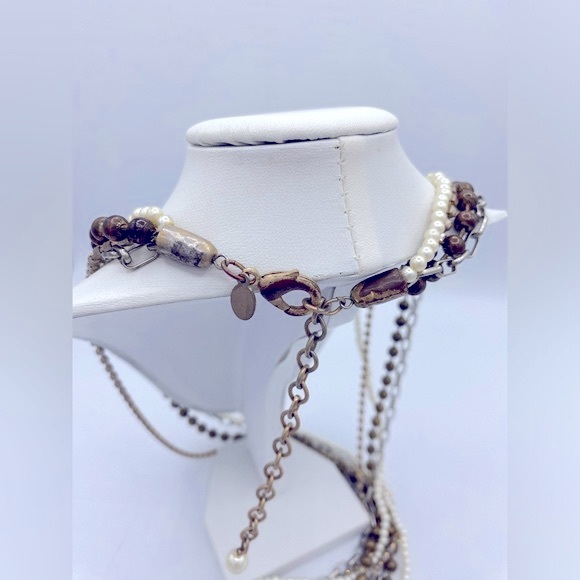 Chicos Multi Strand,Textured Long Pearl Bead Rhinestone Chain Bohemian Necklace - Picture 6 of 9